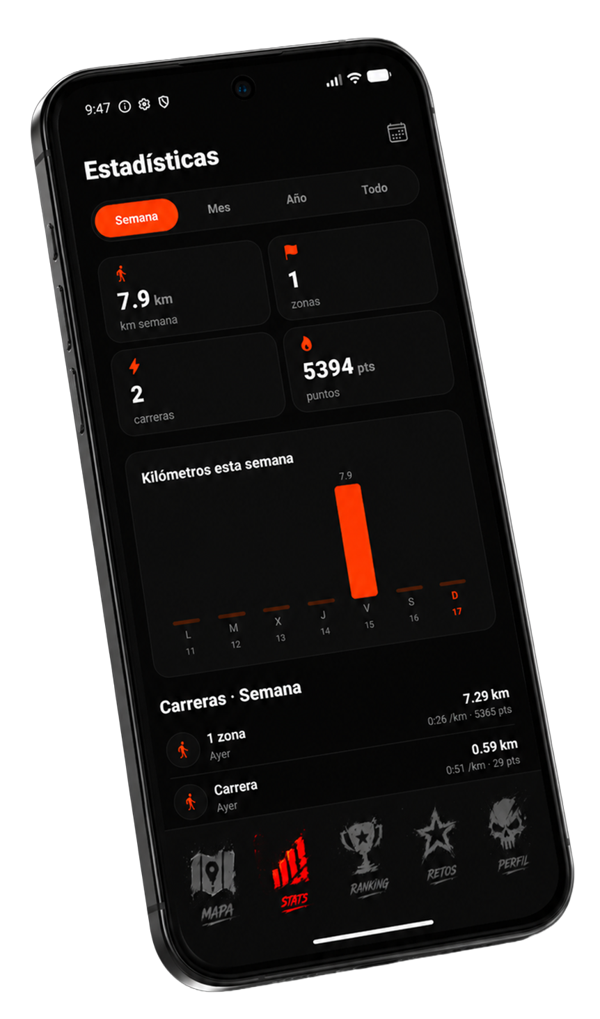 Pantalla de estadísticas con gráfico de kilómetros semanales