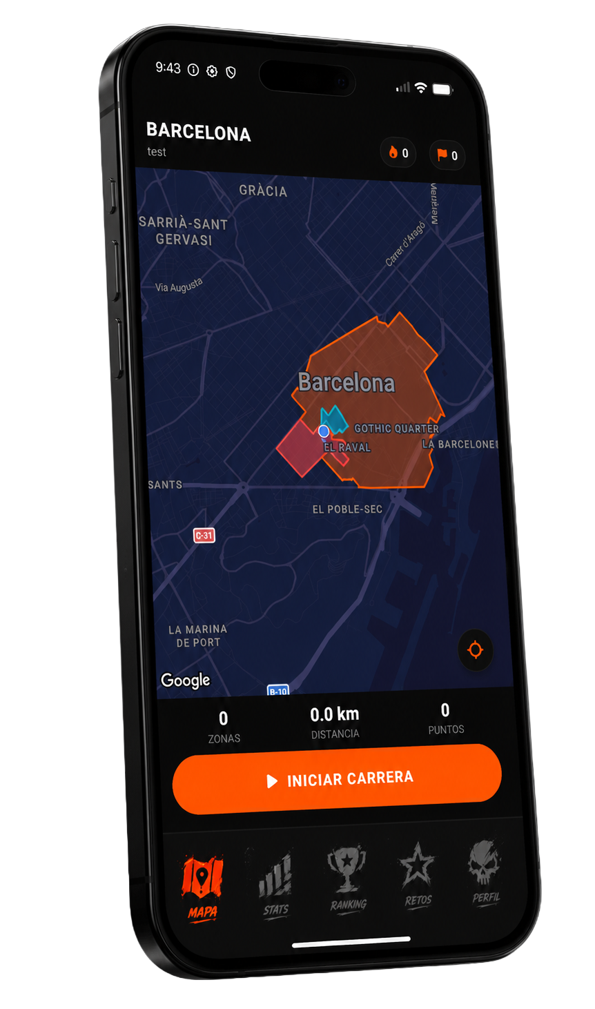 Pantalla del mapa de CORRR con zonas conquistadas en Barcelona